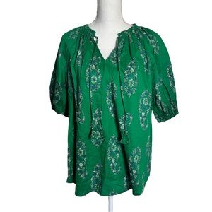 Knox Rose Green Blouse with Blue/Teal/White Flowers